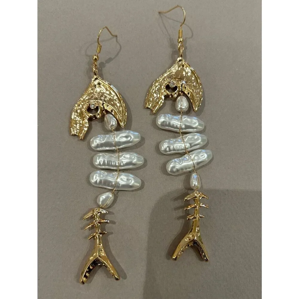 Gold and Pearl Fishbone Drop Earrings A1667